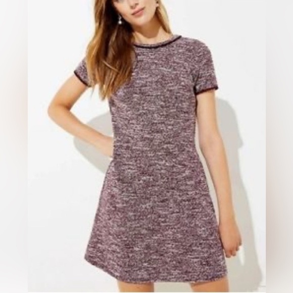 NWT LOFT Women’s Short Sleeve Fringe Trim Tweed A-Line Dress Purple Sz 8 - Picture 2 of 14